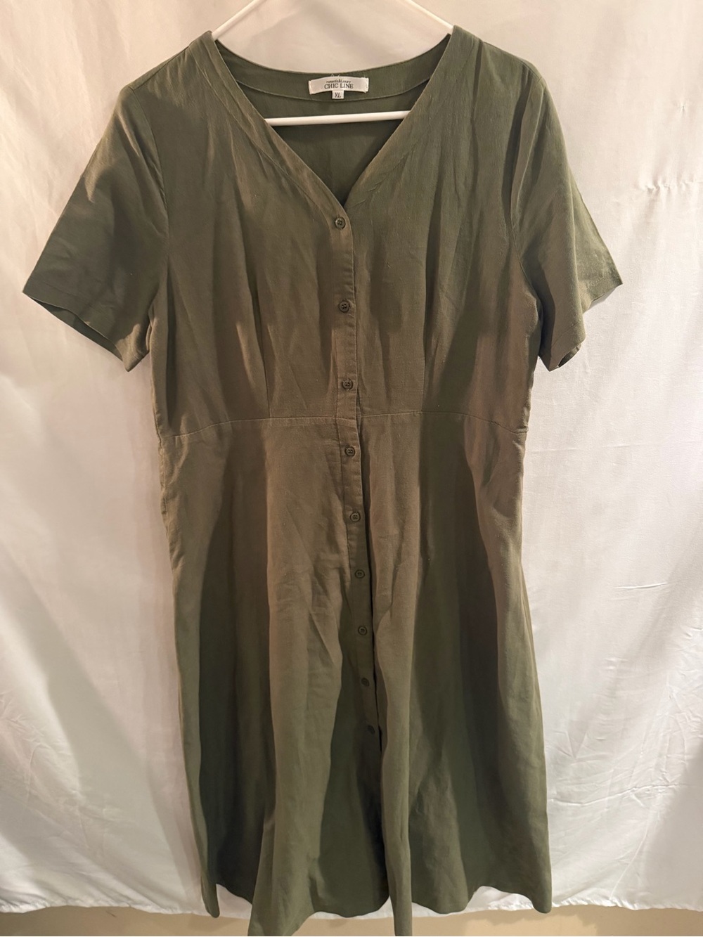 Olive Green Button-Front Midi Dress